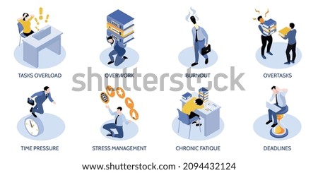 Business stress compositions set with deadlines symbols isometric isolated vector illustration