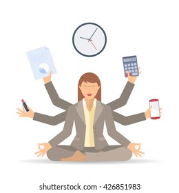 Business stress and multitasking. Flat vector concept isolated illustration. Busy businesswoman in the office meditates and works in a few hands. Professional manager sitting in the meditation