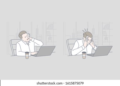 Business, stress, work, problem set concept. Young tired exhaused businessman has serious problem on work and tries to find solution. Overworking causes raise of stress level. Simple flat vector