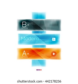 Business stripes modelo infográfico geométrico com exemplos de opções e slogan. Design colorido brilhante de vidro brilhante, ilustração de vetor único. Conceito de layout de infográfico, faixa de aplicativo de interface do usuário de menu