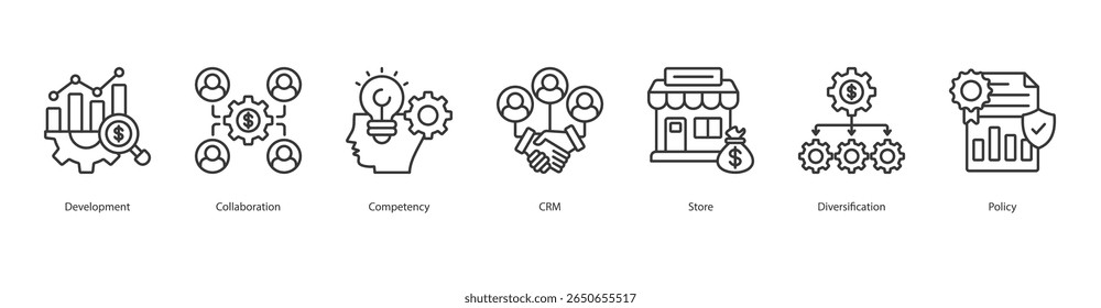 Business Structure banner web icon set vector illustration concept with icon of Development, Collaboration, Competency, CRM, Store, Diversification, Policy