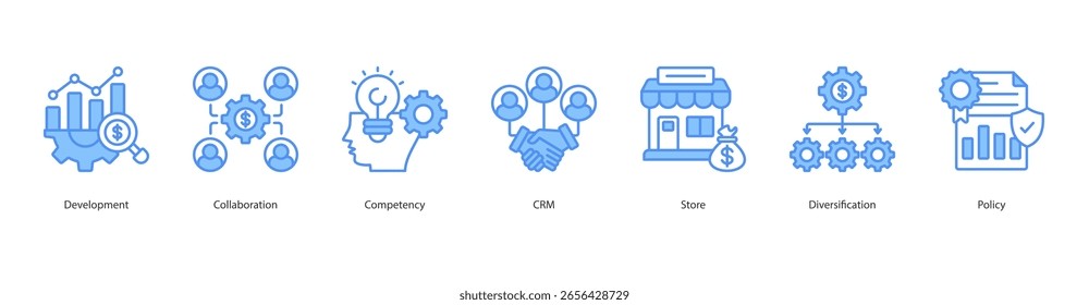 Business-Struktur-Banner-Websymbol-Set, Vektorgrafik-Konzept mit Symbol für Entwicklung, Zusammenarbeit, Kompetenz, CRM, Store, Diversifizierung, Richtlinie