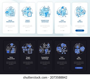 Komponenten für die Unternehmensstruktur auf dem Bildschirm für mobile Apps. Firmendurchgang in 5 Schritten grafische Anleitungen mit Konzepten. UI, UX, GUI-Vektorgrafik-Vorlage mit Illustrationen im Nacht- und Tagesmodus