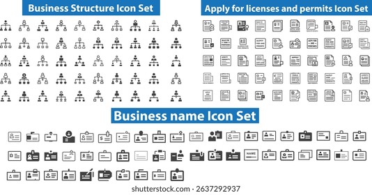 A business structure Icon Set. Apply for licenses and permits Icon Set. Business name Icon Set. Mega set of vector thin line icons. Editable stroke. Contains such icon collection as social media, 