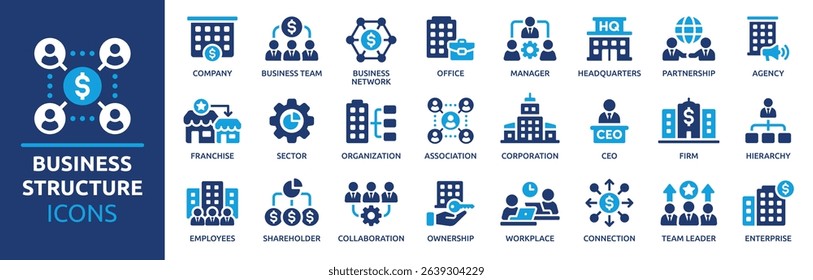 Business structure icon set. Company, office, business network, hierarchy, employees, organization, agency, workplace, corporation and more. Solid vector icons collection.