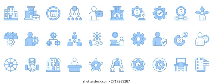 Symbolsatz für Geschäftsstruktur. Enthält Symbole, die für das Unternehmen relevant sind. Konzipiert in Vektor linear blau Stil