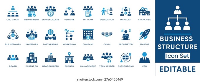 Business structure icon set. Corporate hierarchy, org chart, shareholders, investors, franchise, outsourcing and workflow. Solid vector icons collection.