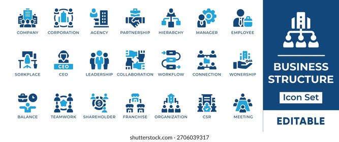 Symbolsatz für Geschäftsstruktur. Zu den bearbeitbaren Symbolen gehören u. a. die Bereiche Geschäftsführung, Zusammenarbeit, Unternehmen, Unternehmen, Hierarchie und Teamarbeit. Perfekt für Geschäftsprojekte und Unternehmenspräsentationen.