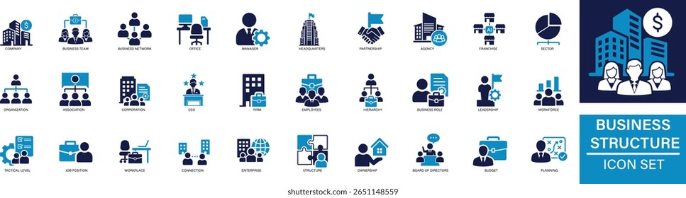 Ícone da Estrutura de Negócios Definir Ícones de vetor simples que representam hierarquia organizacional, departamentos, funções, estrutura da empresa. Ideal para projetos de gerenciamento, RH e estratégia de negócios. Ícones personalizáveis
