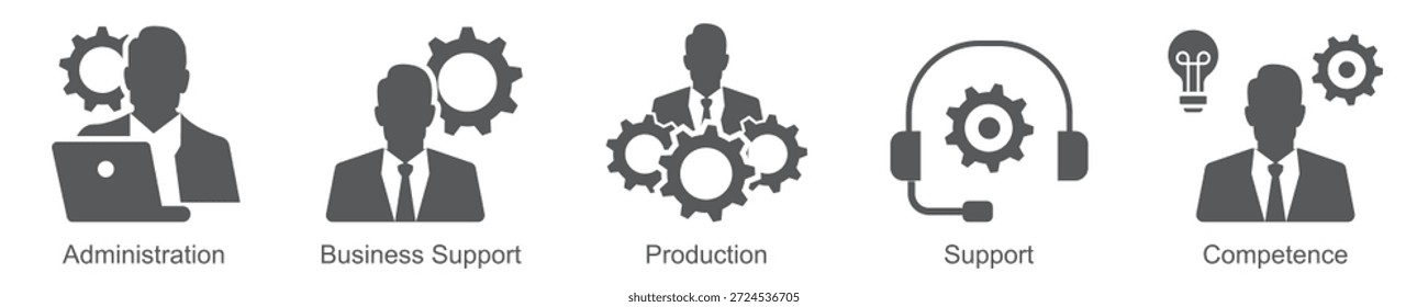 Business Structure Icon Set Flat vector icons representing organizational hierarchy, departments, roles, company structure. Ideal for management, HR, business strategy projects. Customizable icons.