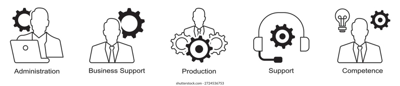 Conjunto de iconos de estructura de negocio Iconos vectoriales planos que representan la jerarquía organizativa, departamentos, roles, estructura de la empresa. Ideal para proyectos de gestión, RRHH, estrategia empresarial. Iconos personalizables.