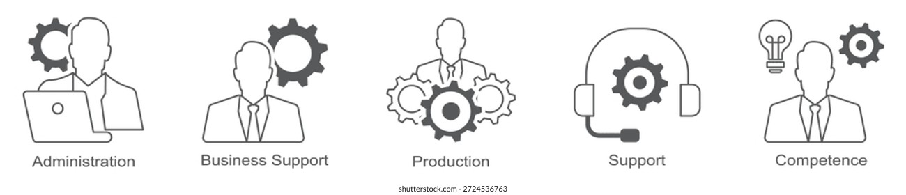 Conjunto de iconos de estructura de negocio Iconos vectoriales planos que representan la jerarquía organizativa, departamentos, roles, estructura de la empresa. Ideal para proyectos de gestión, RRHH, estrategia empresarial. Iconos personalizables.