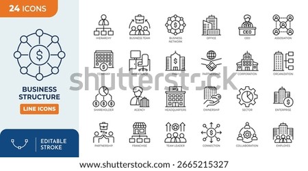 business structure line editable icon set. Containing Company, office, business network, hierarchy, employees, organization, workplace, corporation and more. editable stroke. vector illustration