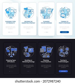 Business structures onboarding mobile app page screen. Company services walkthrough 4 steps graphic instructions with concepts. UI, UX, GUI vector template with night and day mode illustrations