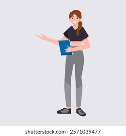 A business or student woman character in casual clothes. Cute girl holding a book and explaining something. Vector illustration in flat style