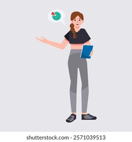 A business or student woman character in casual clothes. Cute girl presentation or explaining something. Vector illustration in flat style