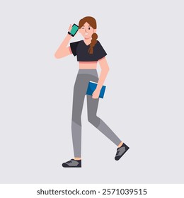 A business or student woman character in casual clothes. Cute girl calling someone by phone. Vector illustration in flat style