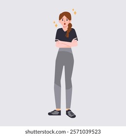 A business or student woman character in casual clothes. Cute girl crossed her arms and amazed. Vector illustration in flat style