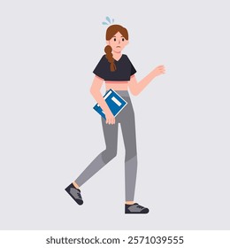 A business or student woman character in casual clothes. Cute girl feels worried or panicked. Vector illustration in flat style