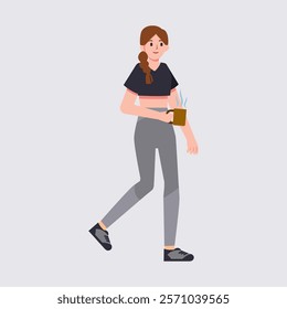 A business or student woman character in casual clothes. Cute girl holding a cup of coffee. Vector illustration in flat style