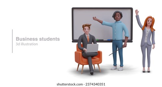 Business students. Education for adults concept. Financial literacy lessons, marketing. Vector characters near blackboard. Man with laptop. Online training