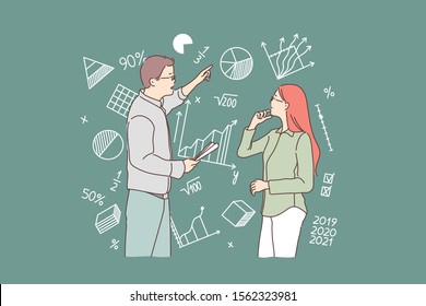 Business, Study, Strategy, Question, Teamwork Concept. Young Man And Woman, Businessmen Or Teachers Decides Task, Plan. Team Of Economists Analyze Variable Data. New Idea. Flat Simple Vector.