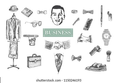 Business stuff and accessories hand drawn set. Suit, briefcase, cufflinks, pouch, tie, ring, sunglasses, bow-tie, fountain pen, wristwatch, smartphone, brogues, cigars,  fedora hat. Happy male face