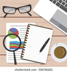 Business stuff flat design Icon on wood background