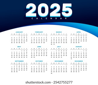 Vector de diseño imprimible de Plantilla de calendario anual de estilo empresarial 2025