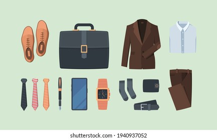 Business style clothes. Gadgets for business people boss textile socks suits shirt pants belt briefcase wallet watch phone tie garish vector flat pictures