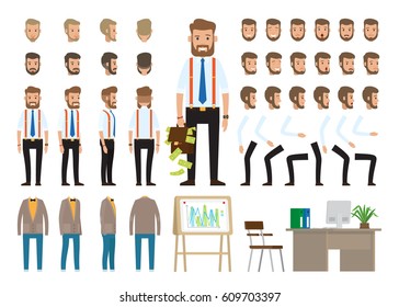 Business style create your character vector poster on white. Banner of male worker full length portraits, face emotions, skin colors and types, hair styles, suits, board with charts and workplace