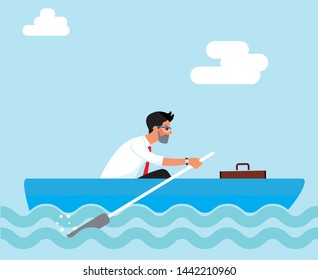 Business style man rowing the boat lonely. vector illustration