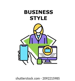 Concepto de icono del vector de estilo empresarial. Estilo De Negocio De Ropa Empresarial Y Empresarial, Smartphone Moderno E Interfaz Informática. Ilustración en color de diseño con estilo Digital Gadget