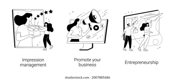 Conjunto de ilustraciones vectoriales de concepto abstracto de éxito empresarial. Gestión de la impresión, promoción de su negocio, emprendimiento, estrategia de marca personal, interacción social e influencia metáfora abstracta.
