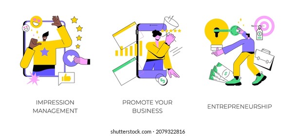 Business success abstract concept vector illustration set. Impression management, promote your business, entrepreneurship, personal brand strategy, social interaction and influence abstract metaphor.