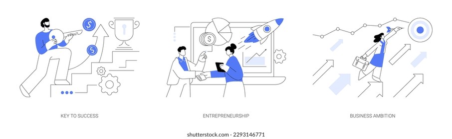 Business success abstract concept vector illustration set. Key to success, entrepreneurship, business ambition, teamwork and collaboration, company growth, decision making abstract metaphor.