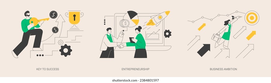 Business success abstract concept vector illustration set. Key to success, entrepreneurship, business ambition, teamwork and collaboration, company growth, decision making abstract metaphor.