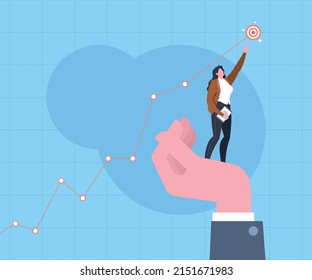 Business success, accomplishment, mentoring, live coaching, career support services or consulting to success concept. Giant hand lifting a businesswoman to reach his target in blue background.