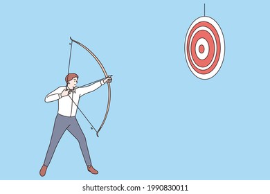 Business success and achievement concept. Young smiling positive businessman cartoon character standing and using crossbow to reach goal vector illustration 