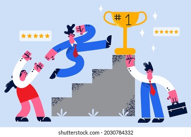 Business success, achievement and leadership concept. Young businessman climbing up ladder to get golden first trophy while colleagues supporting him from downstairs vector illustration 