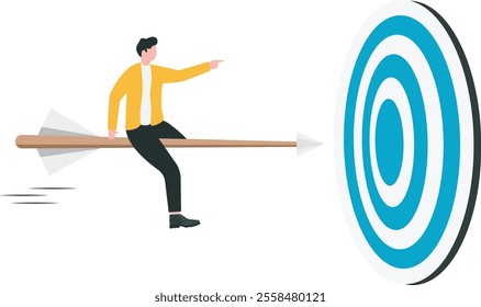 Business success achievement, leadership to survive and win business strategy or setting goal and target concept, smart business man worker riding speed arrow precisely aiming at target bullseye.
