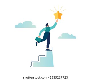 Business success, achievement or self-realization of a business goal, the concept of reward and motivation, a businessman climbs the ladder to the top to receive a star award, vector illustration