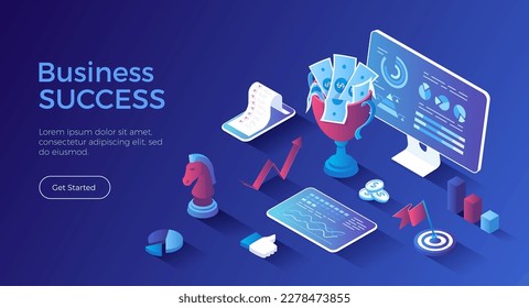 Business success and achievements. Successful startup. Planning, working, management, marketing for financial profit growth. Isometric landing page. Vector web banner.	
