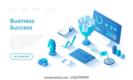 Business success and achievements. Successful startup. Planning, working, management, marketing for financial profit growth. Landing page template for web on white background.	
