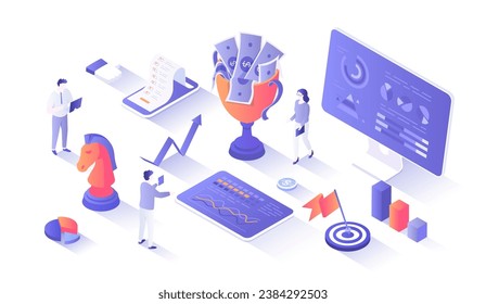 Business success and achievements. Successful startup. Planning, working, management, marketing for financial profit growth. Isometry illustration with people scene for web graphic.	
