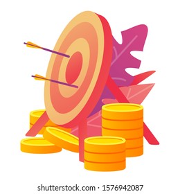 Business success. Arrow hit target.Reaching goal. Money gold coins.Achievement concept.Realistic vector illustration.Isolated on a white background.