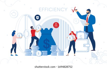 Business Success Audit and Finance Checkup Service. Huge Auditor Boss Chief Putting Efficiency Check Mark. Tiny Employee, Businesspeople Putting Money Earnings in Bag. Vector Illustration