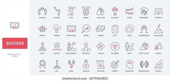 Business success awards, target prize for path, mission and challenge of leadership line icons set. Ambition arrows grow, medal and puzzle thin black and red outline symbols vector illustration