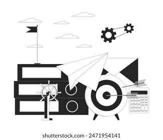 Business success black and white 2D illustration concept. Office work improvement strategy cartoon outline items isolated on white. Commercial company development metaphor monochrome vector art