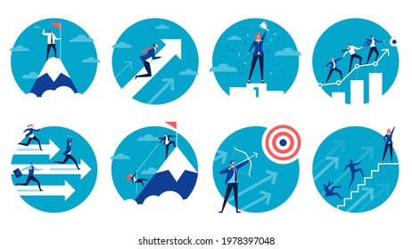 Business success. Businessman achieving goals, climbing corporate ladder. Team leader helping coworkers. Leadership, teamwork vector concept set. Woman holding cup winning in competition